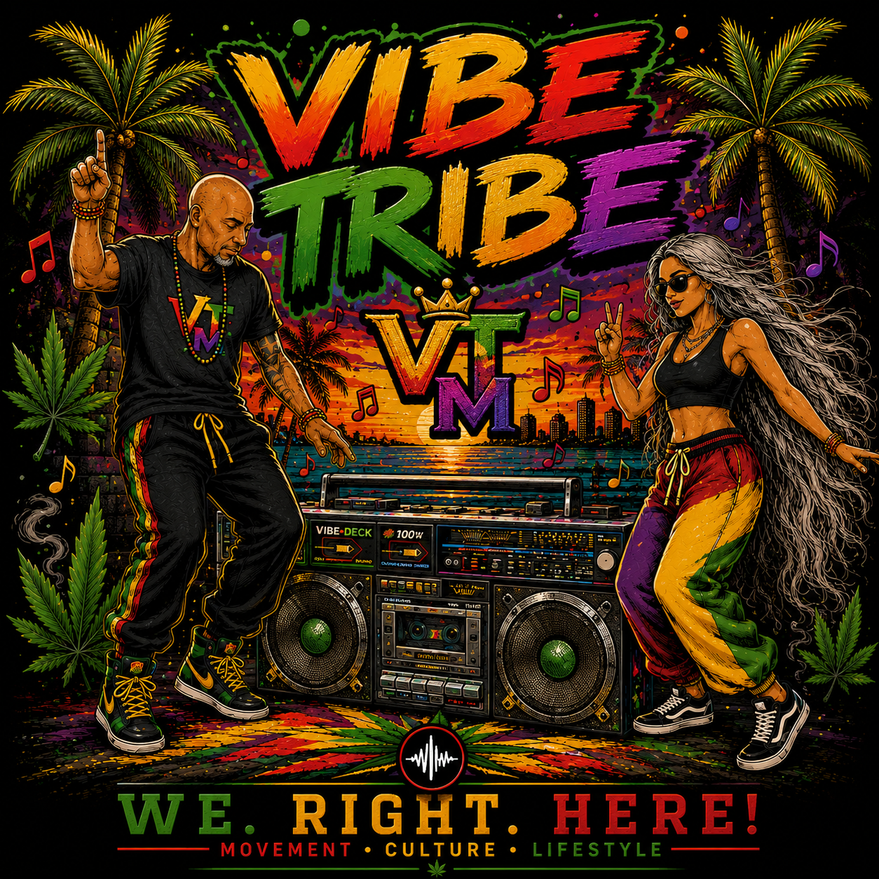 Colorful graphic with two people dancing in front of a boombox, surrounded by palm trees and cannabis leaves, with 'Vibe Tribe' branding.